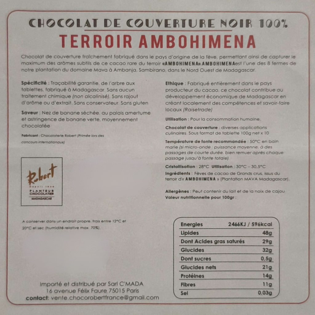 1kg de chocolat de couverture noir 100% TERROIR AMBOHIMENA - Collection &quot;Grands Crus&quot;