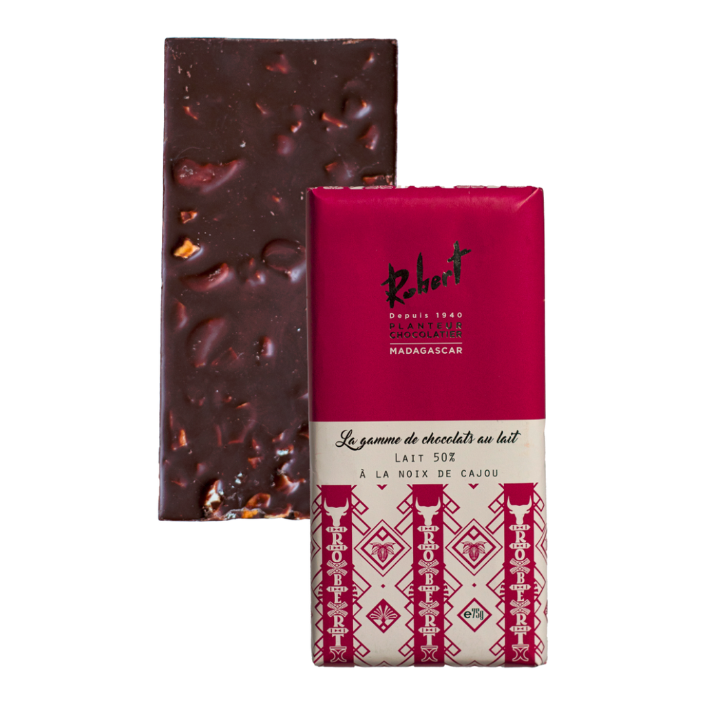 Tablette de chocolat lait 50% aux éclats de noix de cajou