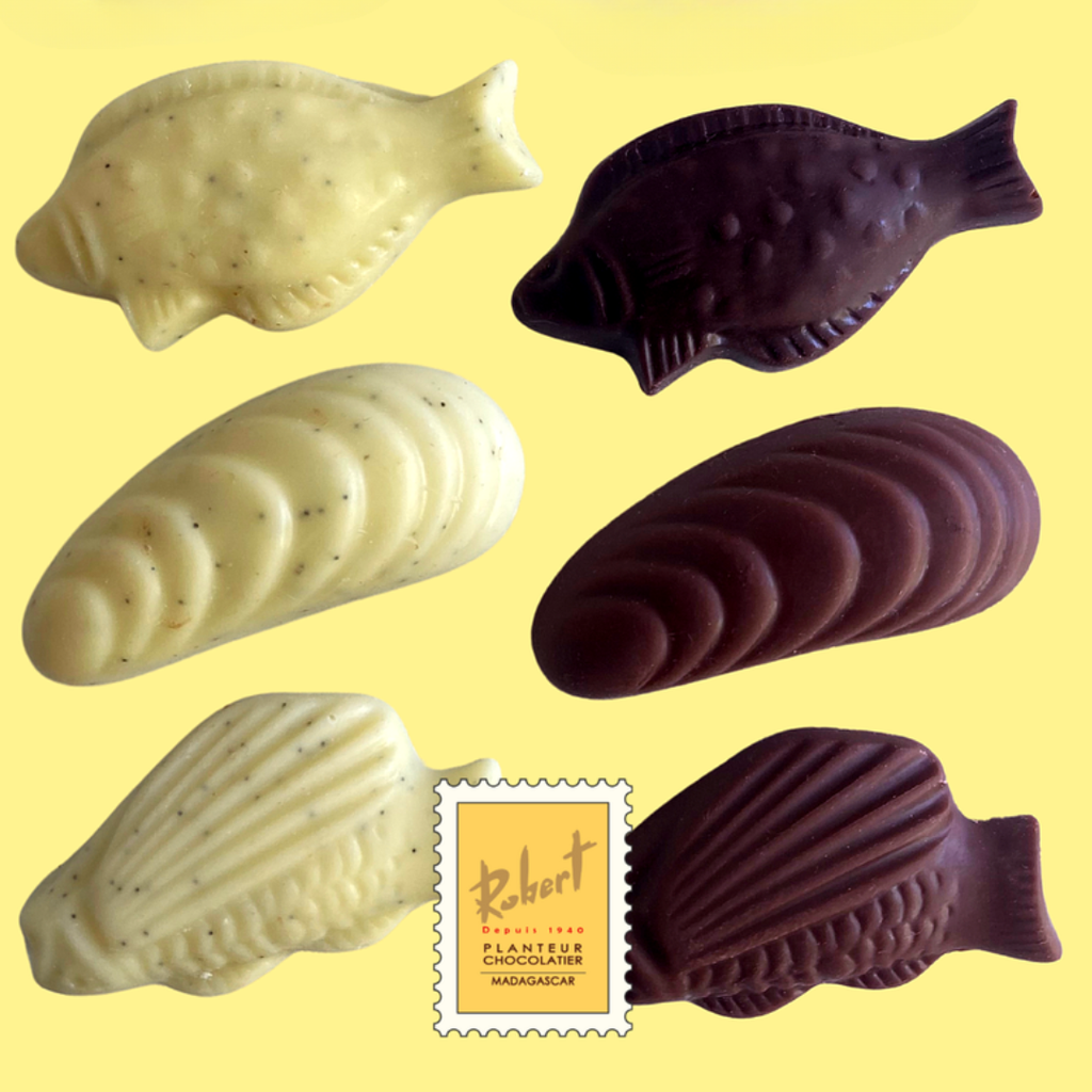 Assortiment de fritures de Pâques : chocolat noir, chocolat lait et chocolat blanc caviar de vanille - Pure origine Madagascar