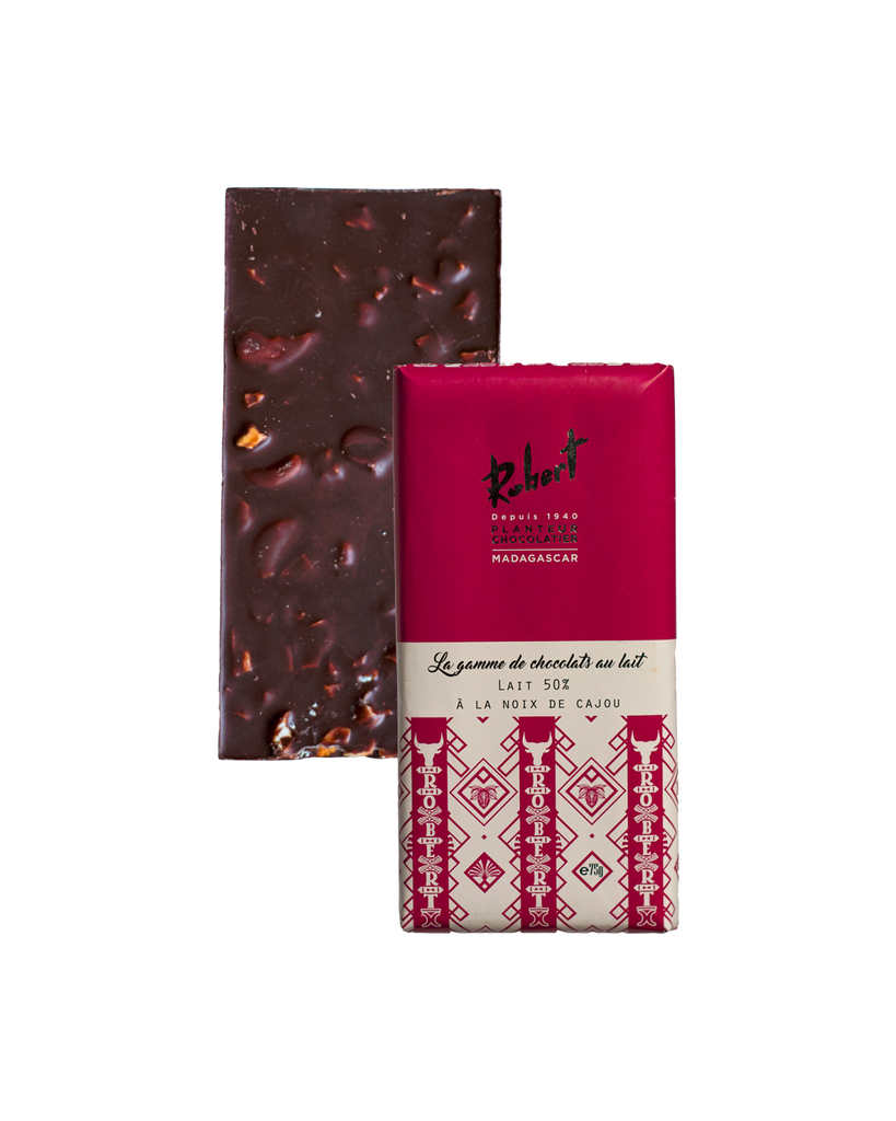 Tablette de chocolat lait 50% aux éclats de noix de cajou