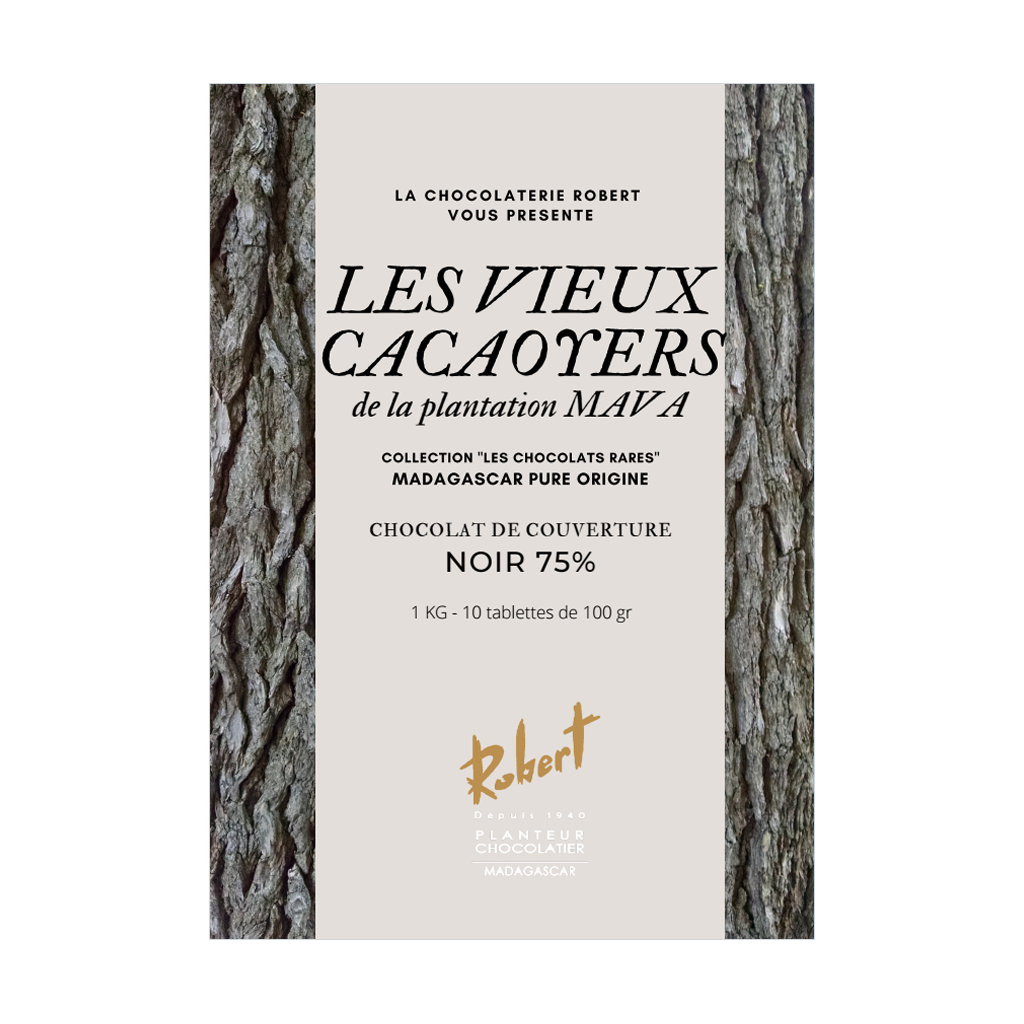 [CDE01] 1kg de chocolat de couverture noir 75% LES VIEUX CACAOYERS DE LA PLANTATION MAVA - Collection "Les chocolats rares"